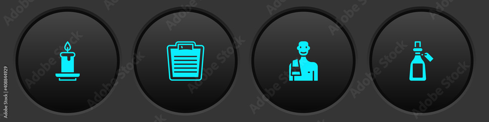 Fototapeta premium Set Aroma candle, Bathroom scales, Man in the sauna and Essential oil bottle icon. Vector.