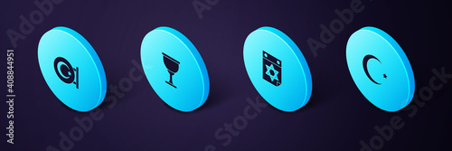 Set Isometric Star and crescent, Jewish calendar, Holy grail or chalice and icon. Vector.