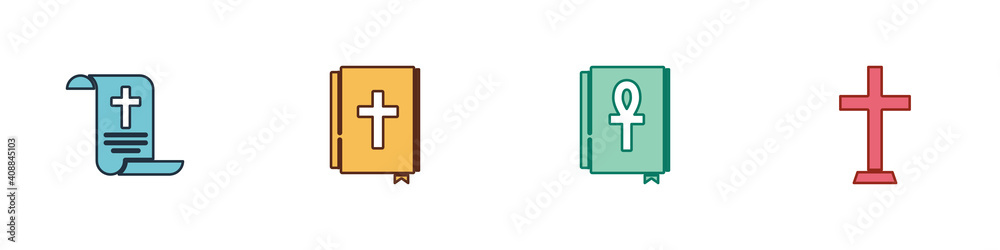 Fototapeta premium Set Decree, paper, parchment, scroll, Holy bible book, Cross ankh and Christian cross icon. Vector.