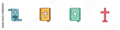 Set Decree, paper, parchment, scroll, Holy bible book, Cross ankh and Christian cross icon. Vector.