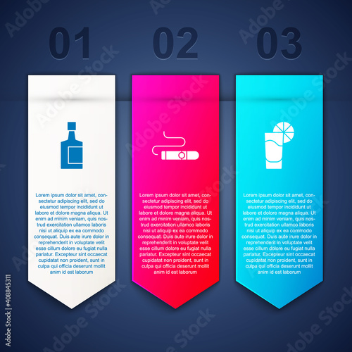 Set Tequila bottle, Cigar and glass with lemon. Business infographic template. Vector.