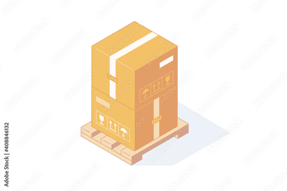 Stack of isometric cardboard boxes on wooden pallet for delivery and storage concept. Stack of isometric cardboard boxes on wooden pallet for delivery and storage concept.