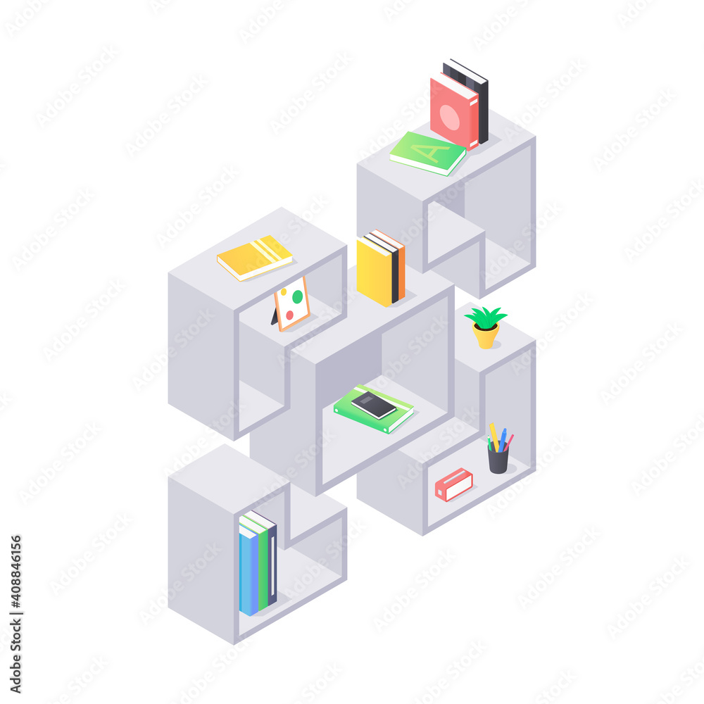 Books and chancellery on gray wooden bookshelf in isometric vector. Books and chancellery on gray wooden bookshelf in isometric vector.