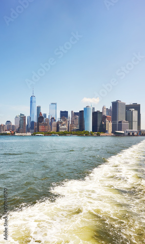 New York City skyline seen from a ferry, USA.