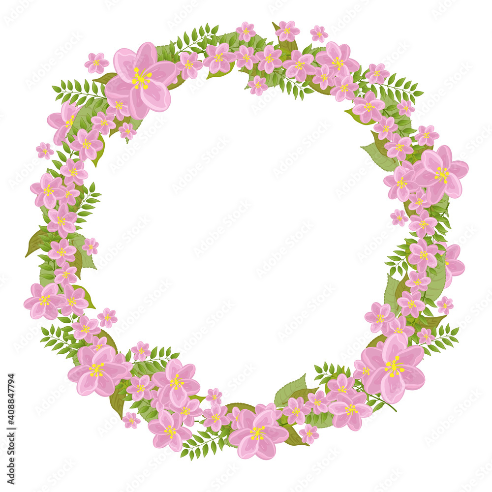 A wreath of pink flowers and leaves. Round frame pattern
