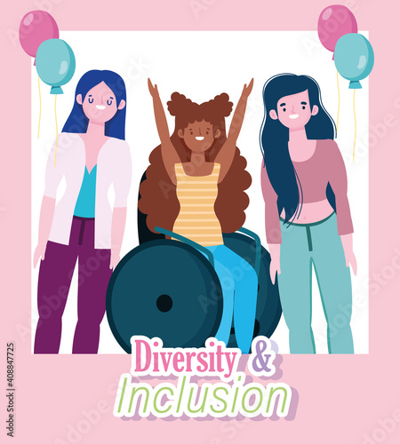 disabled smiling woman sitting on wheelchair, diverse girls together, inclusion