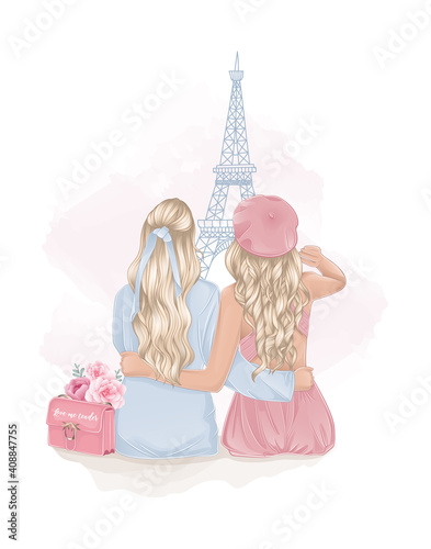 two blonde girls friends on pink background with Eiffel tower