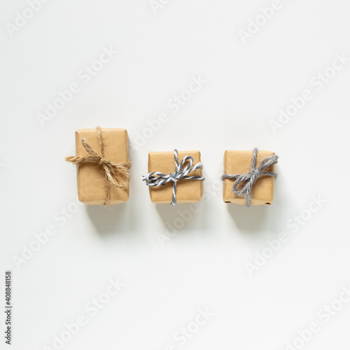 Brown gift boxes isolated on white background. top view, copy space