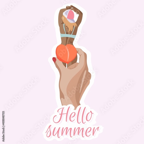 Hand with peach. Stylish sun-tanned lady dressed in trendy swimsuit and in a baseball cap standing backwards. Hand drawn colored illustration. T-shirt print. Summertime Poster.