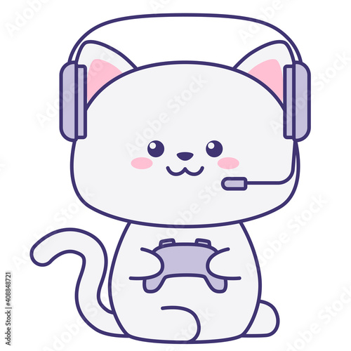 Cat with headphones holding a gamepad isolated on a white background. Flat design for poster or t-shirt. Vector illustration