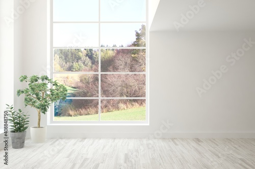 Stylish empty room in white color with autumn landscape in window. Scandinavian interior design. 3D illustration