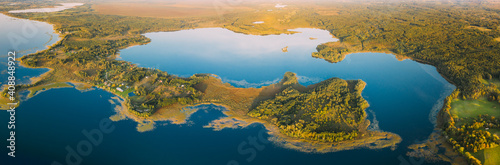 Braslaw District, Vitebsk Voblast, Belarus. Aerial View Of Lakes, Green Forest Landscape. Top View Of Beautiful European Nature From High Attitude. Bird's Eye View. Famous Lakes. Panorama