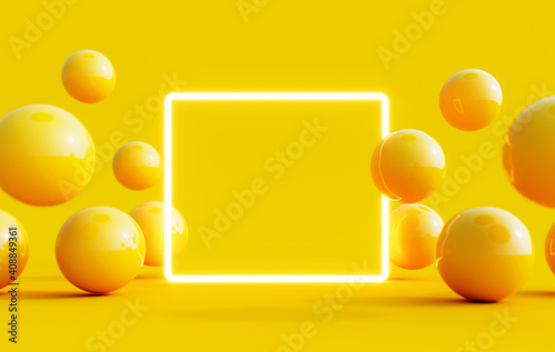 Abstract summer background with light mock up square in the middle and yellow balls flying around 3D Rendering