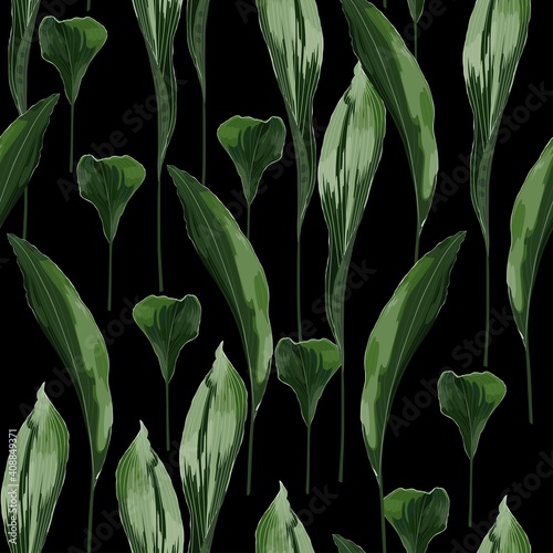 Tropical pattern, exotic leaves seamless border on black background. Exotic jungle wallpaper.
