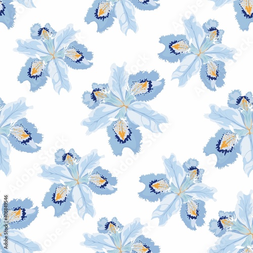 Seamless floral pattern. Arrangement light blue iris flowers by delicately leaves on a white background. Hand-drawn illustration. Square repeating pattern for fabric