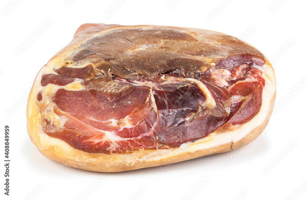 Obraz premium Traditional Italian Prosciutto Crudo ham isolated on a white background. See the portfolio from a different angle.