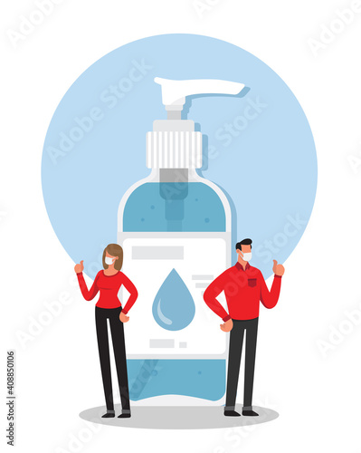 Man and woman recommending to use hands sanitizing gel
