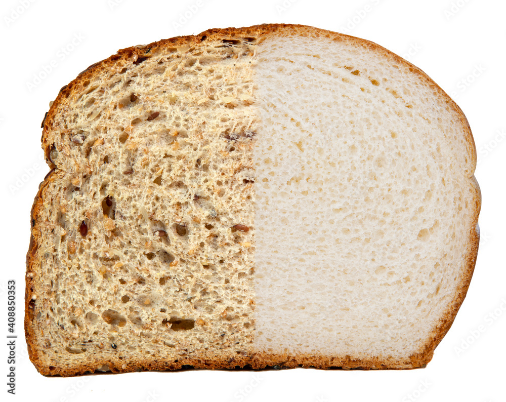 Combination slice of organic seeded wheat and white bread. Isolated. Combination slice of organic seeded wheat and white bread. Isolated.