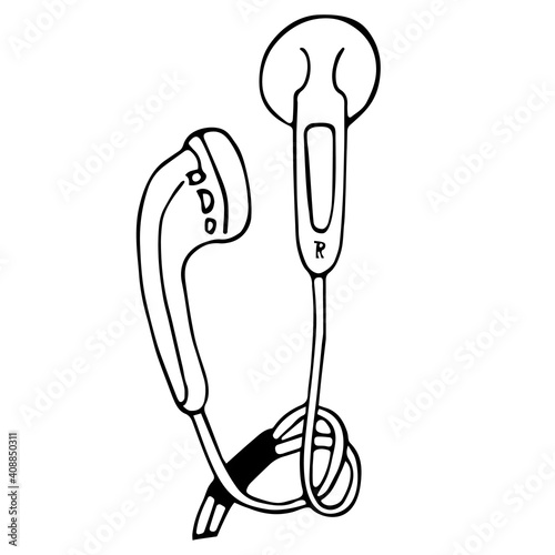 Vector illustration of headphones. Object, linear image of music headphones. Isolated picture in the doodle style.