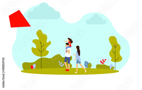 Happy family spends time outdoors. Leisure. Illustration in flat style