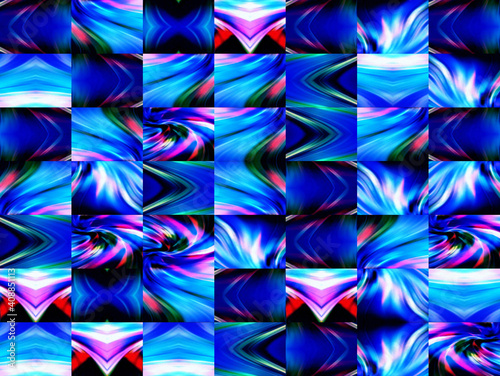 Abstract geometric ornament in squares. A cosmic vortex with blue flashes.