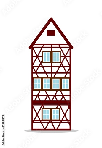 Old german house with red wooden beams. colored half timbered building. Flat facades of european framing houses, cottages.