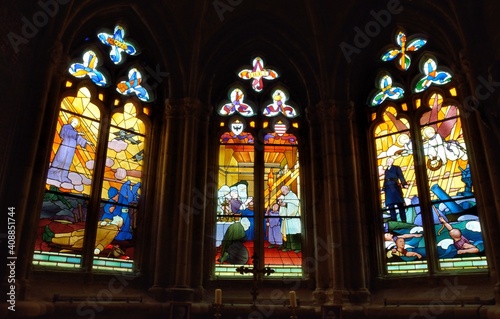 Beautiful stainglass inside the Treguier cathedral in Brittany. France