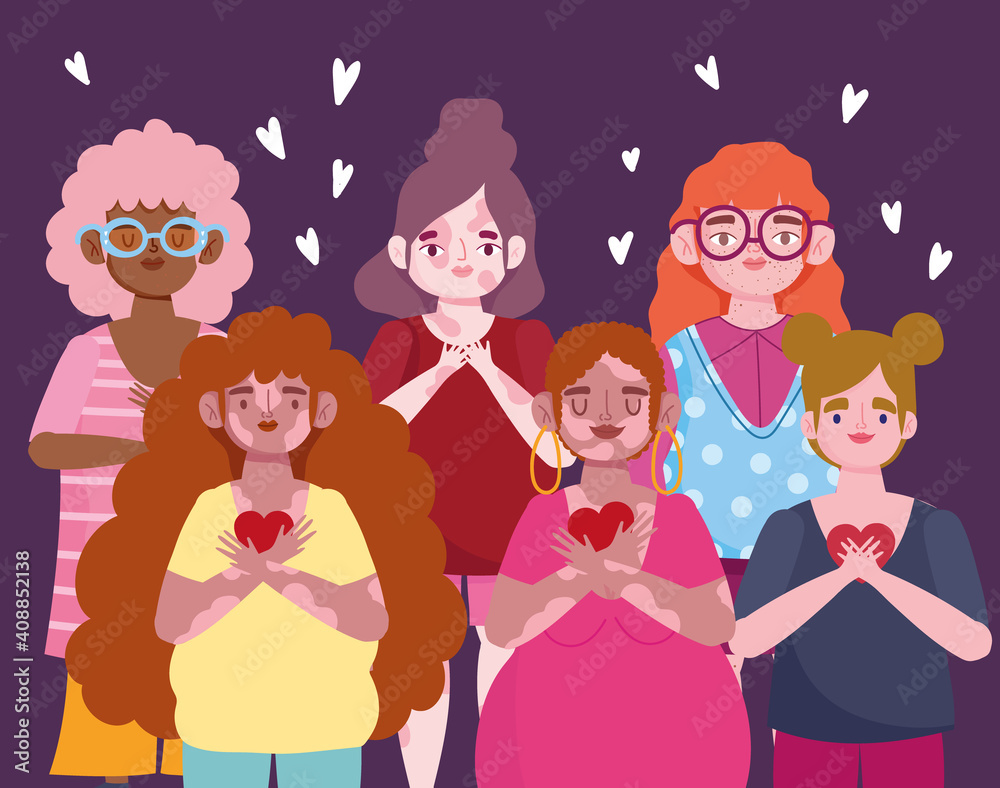 group women diverse with hearts cartoon character self love group women diverse with hearts cartoon character self love