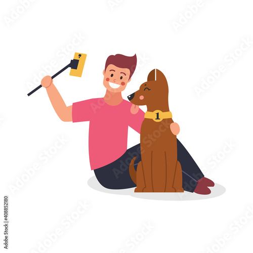 Selfie, guy and dog are photographed. Cartoon. Vector illustration