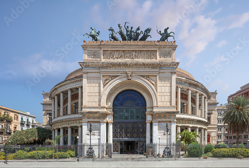 Italy, Palermo, exterior of Politeama theatre, the facade, nobody, a beautiful neoclassical historic building.