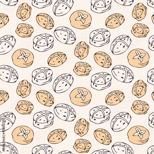 Vector seamless Easter buns. Simple cartoon line art. Design for wrapping paper, gift cards, background.