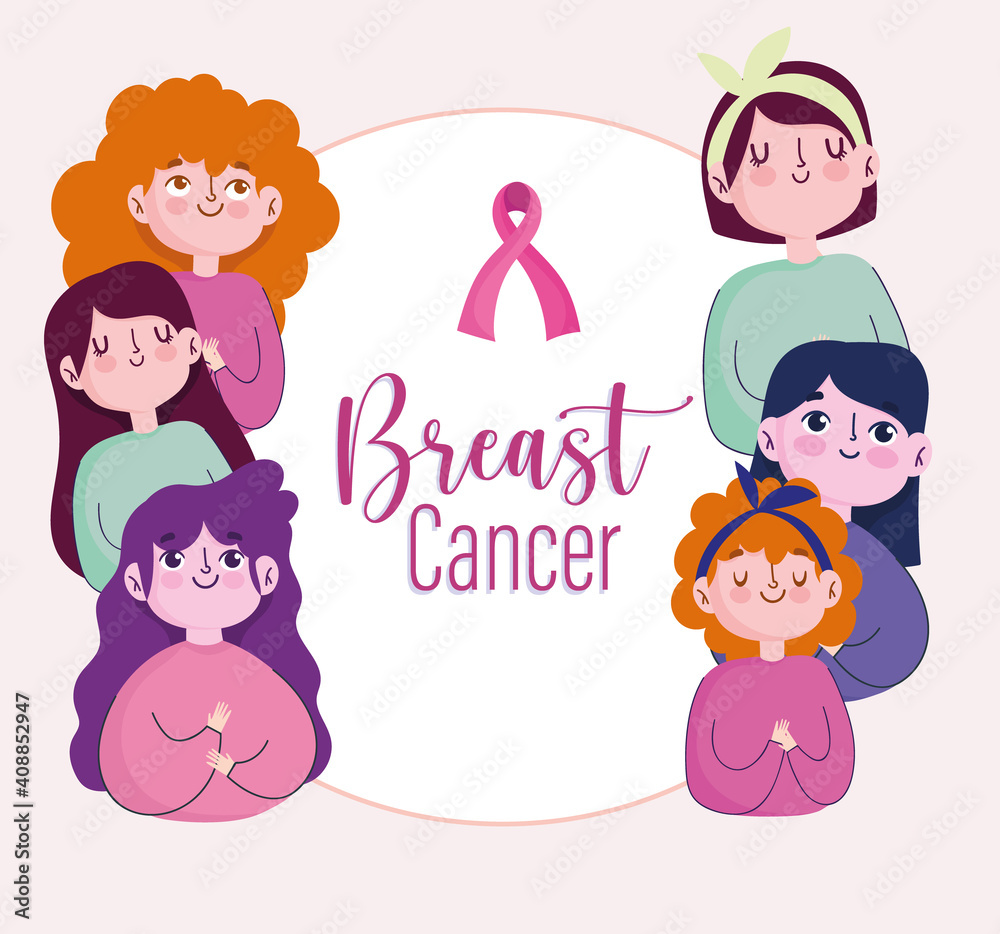 Breast cancer young women cartoon with pink ribbon banner Breast cancer young women cartoon with pink ribbon banner
