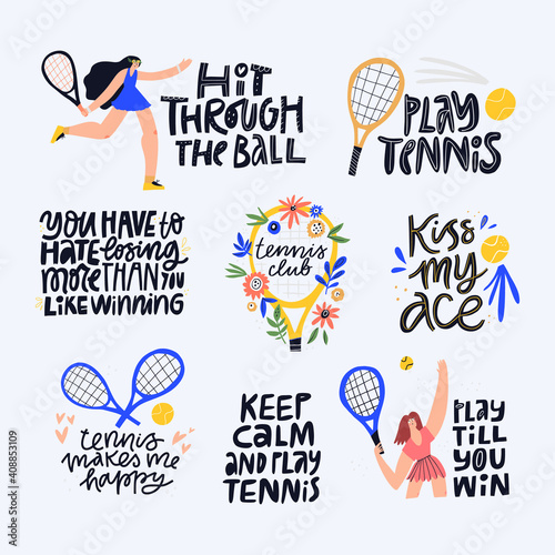 Tennis quotes, positive mottos flat letterings set. Athletes and sport facilities flat illustrations with typography pack. Handwritten credos inscriptions isolated doodle drawings collection