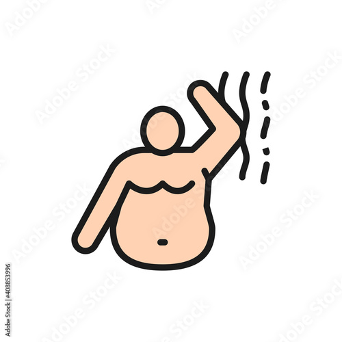 Stink of a fat man, bad smell, obesity flat color line icon.