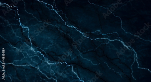 Dark abstraction with lightning and lines. Marble texture, decorative dark stone. Blue neon. 