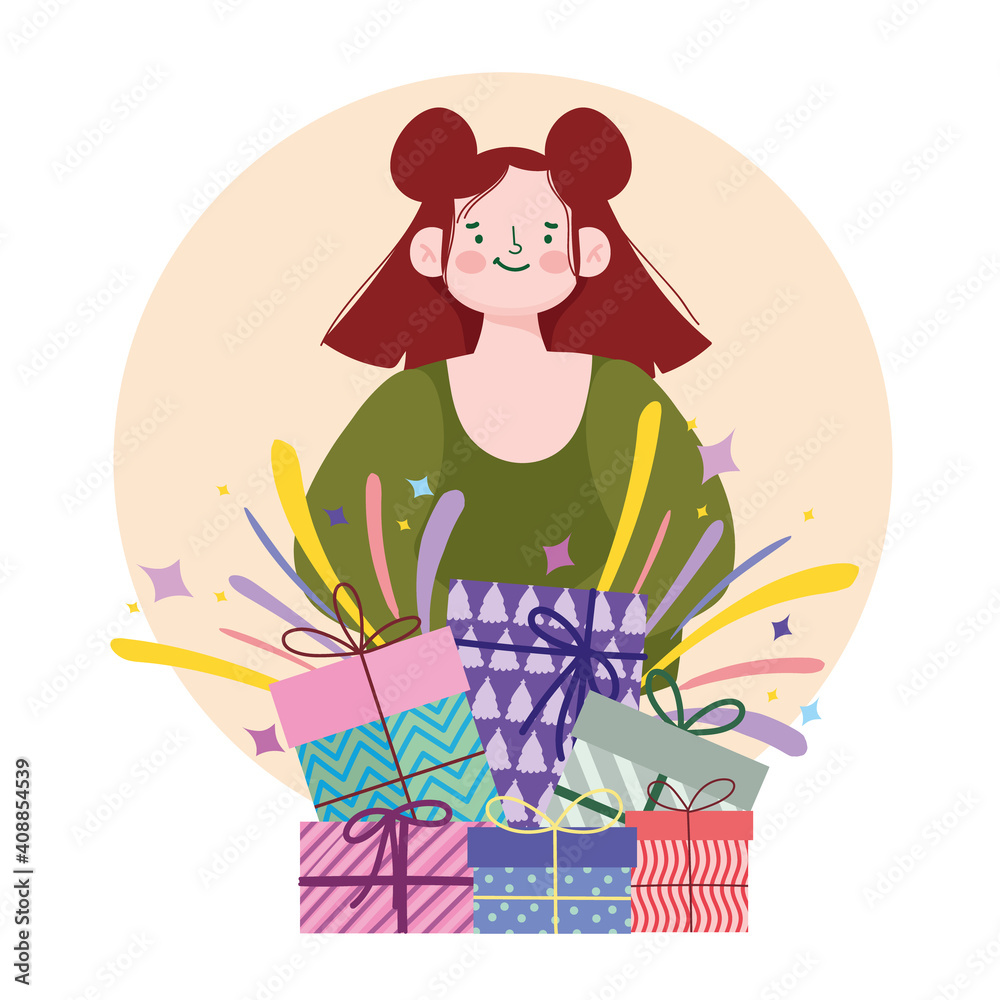 young woman with gifts party celebration cartoon