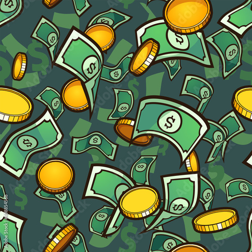Seamless money pattern with golden coins and bills. Vector clip art illustration with simple gradients. Some elements on separate layers.

