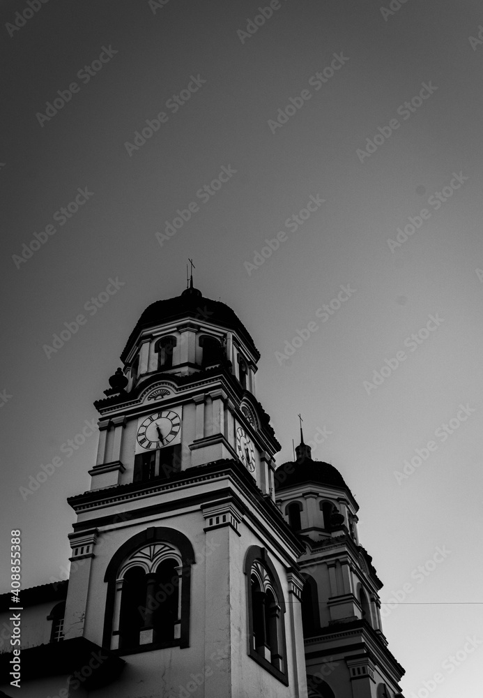 black and white church with clear sky