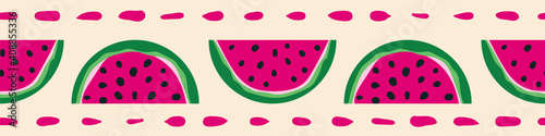 Watermelon slices horizontal vector border print. Decorative edge for cards, posters, and fabrics. Can be tiled and used as seamless pattern on textiles, packaging, gift wrap, and home decor.