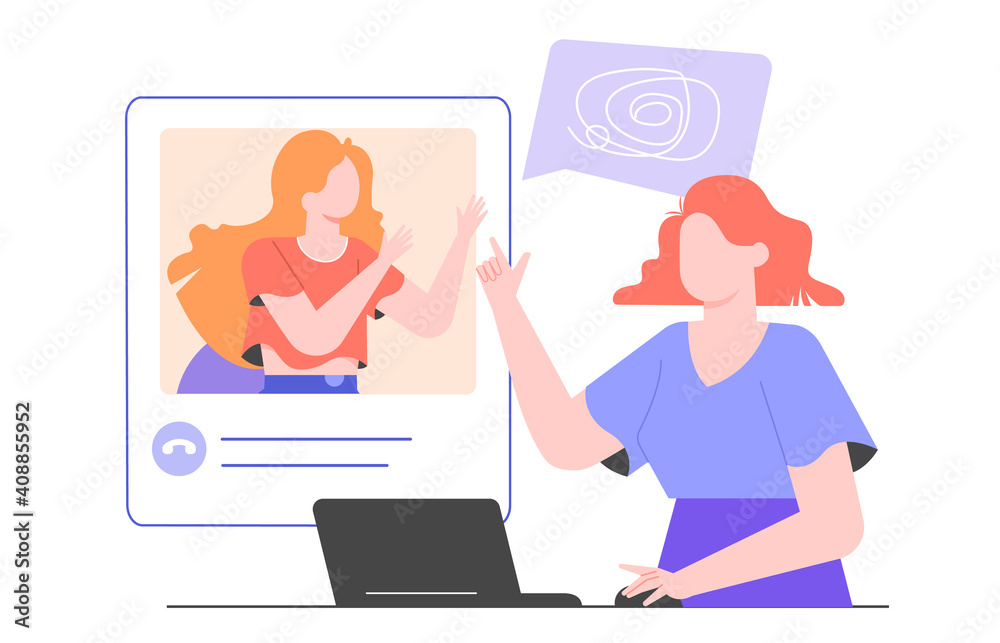 Girl at a therapy with a psychologist online. Internet talkspace concept. Consultation with a specialist in mental illness and life problems. Character with laptop. Vector flat illustration. Girl at a therapy with a psychologist online. Internet talkspace concept. Consultation with a specialist in mental illness and life problems. Character with laptop. Vector flat illustration.