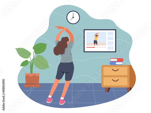 Young woman working out at home. Girl doing sport indoor, Active healthy lifestyle vector. Sport exercise at home, Yoga and fitness, Home workout concept. Vector illustration in a flat style