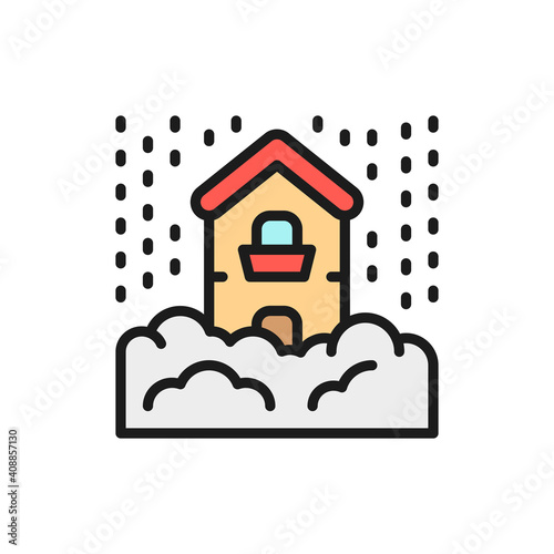 Snowfall, snow, natural disaster, catastrophe flat color line icon.