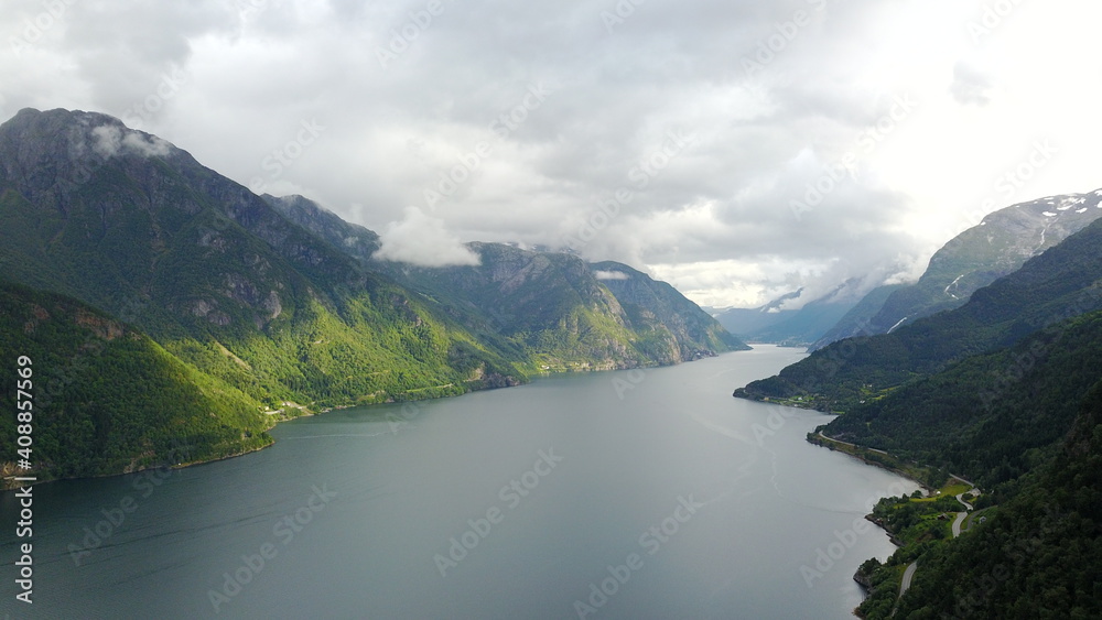 View to fjord and water from drone in Norway