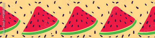 Row of watermelon slices seamless vector border. Horizontal embellishment for fabrics, cards, posters, and packaging. Can be tiled and used as all over pattern.