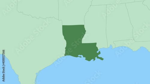 Map of Louisiana with pin of country capital. Louisiana Map with neighboring countries in green color.
