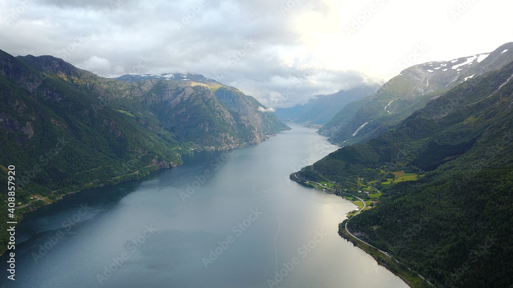 View to fjord and water from drone in Norway View to fjord and water from drone in Norway