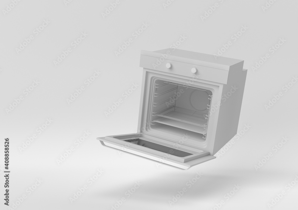 White Empty open electric oven floating on white background. minimal concept idea. monochrome. 3d render. White Empty open electric oven floating on white background. minimal concept idea. monochrome. 3d render.