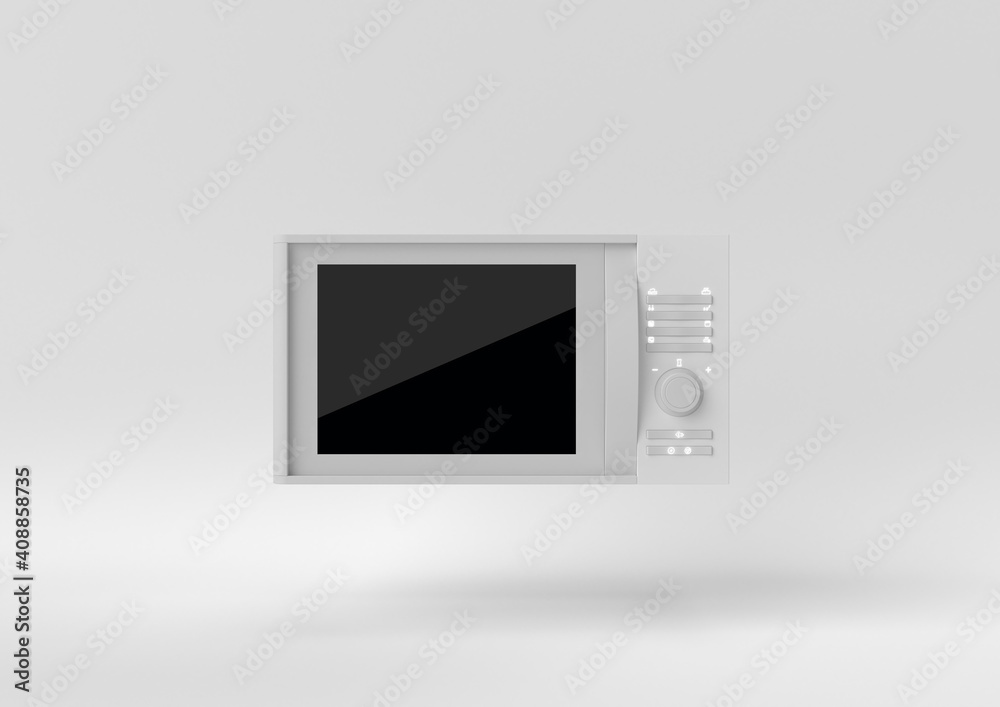 White Microwave Oven floating on white background. minimal concept idea. monochrome. 3d render. White Microwave Oven floating on white background. minimal concept idea. monochrome. 3d render.