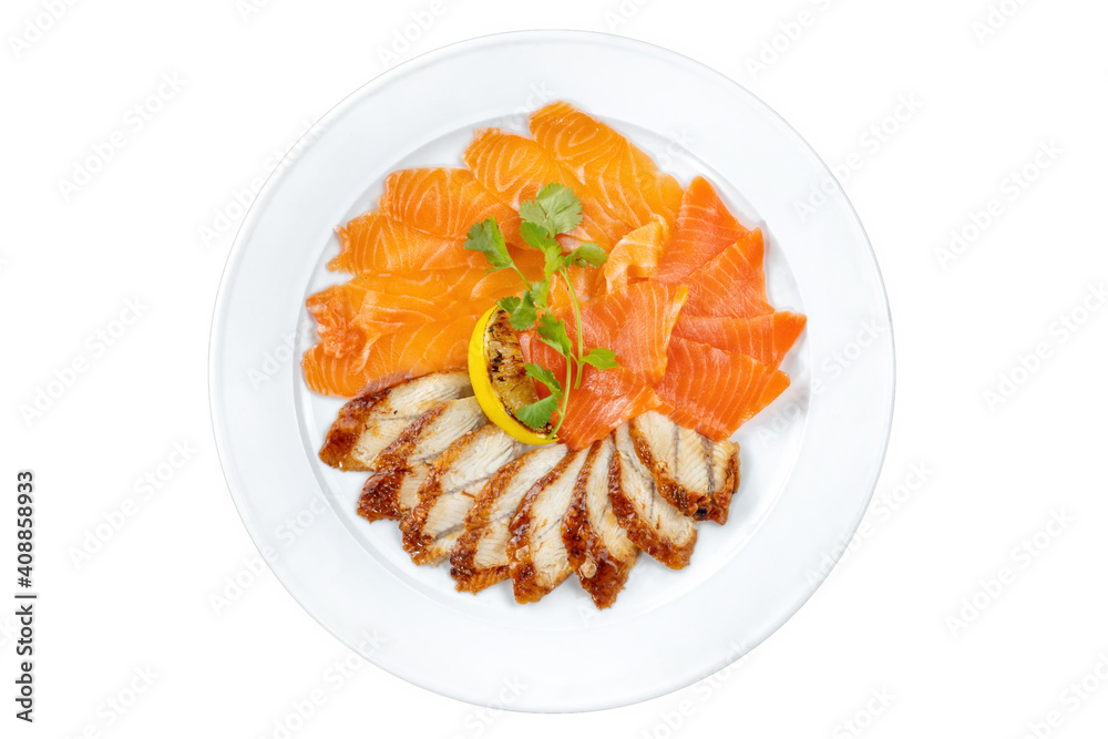 Salmon and eel, sliced on a white plate, with lemon. Decorated with parsley. Salmon and eel, sliced on a white plate, with lemon. Decorated with parsley.