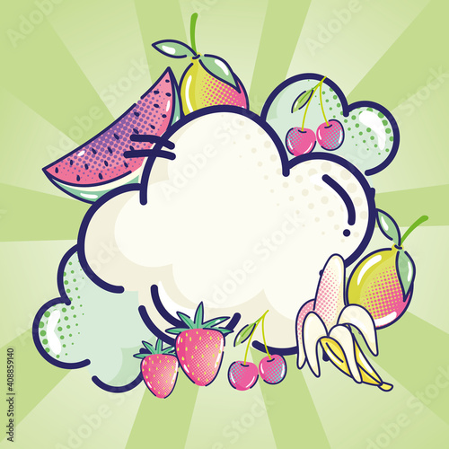 pop art comic clouds and tropical fruits halftone green sunburst
